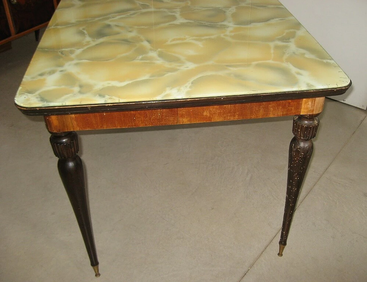 Rectangular table in walnut with marbled glass top, 60s 1234388