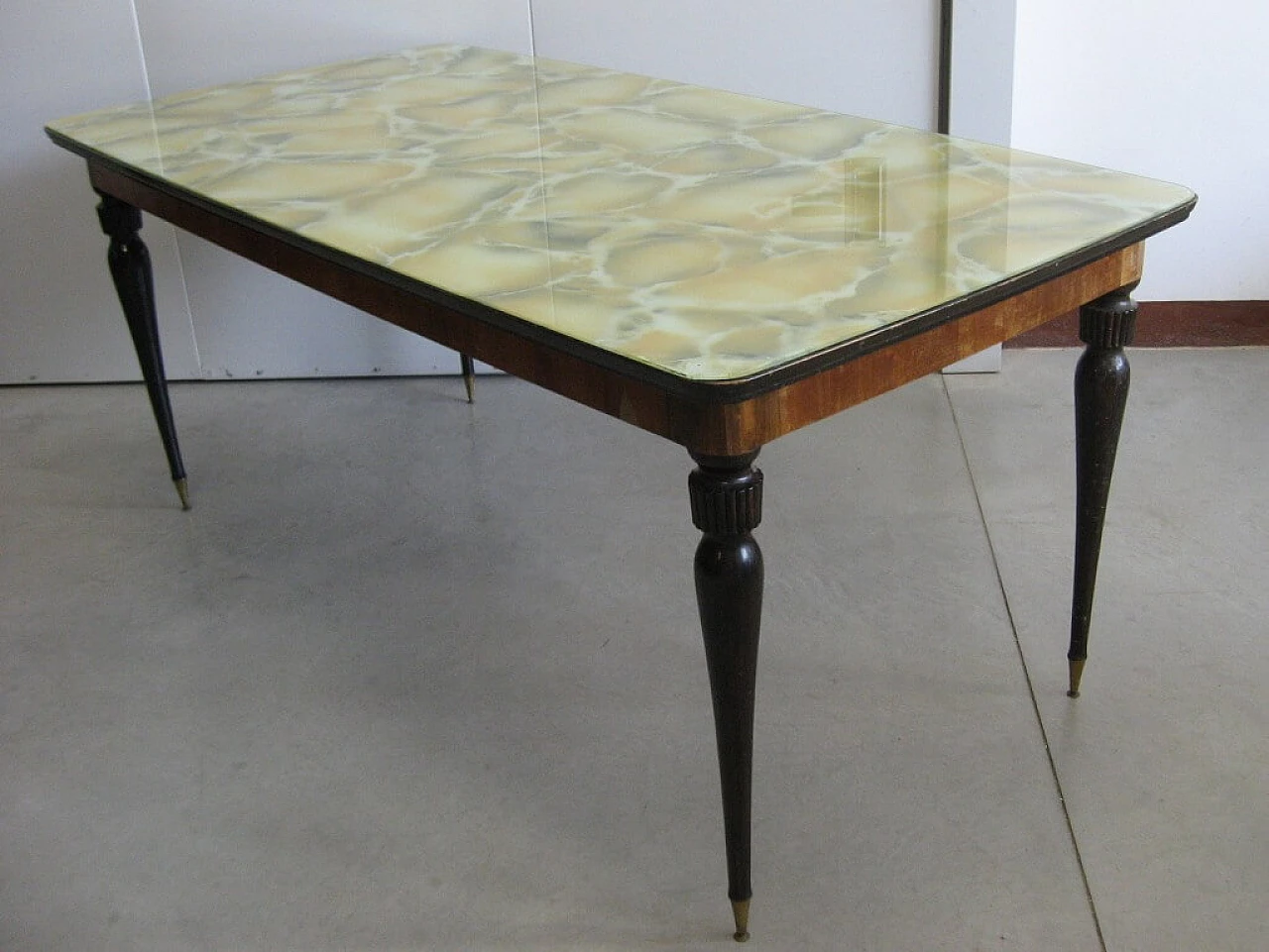 Rectangular table in walnut with marbled glass top, 60s 1234391