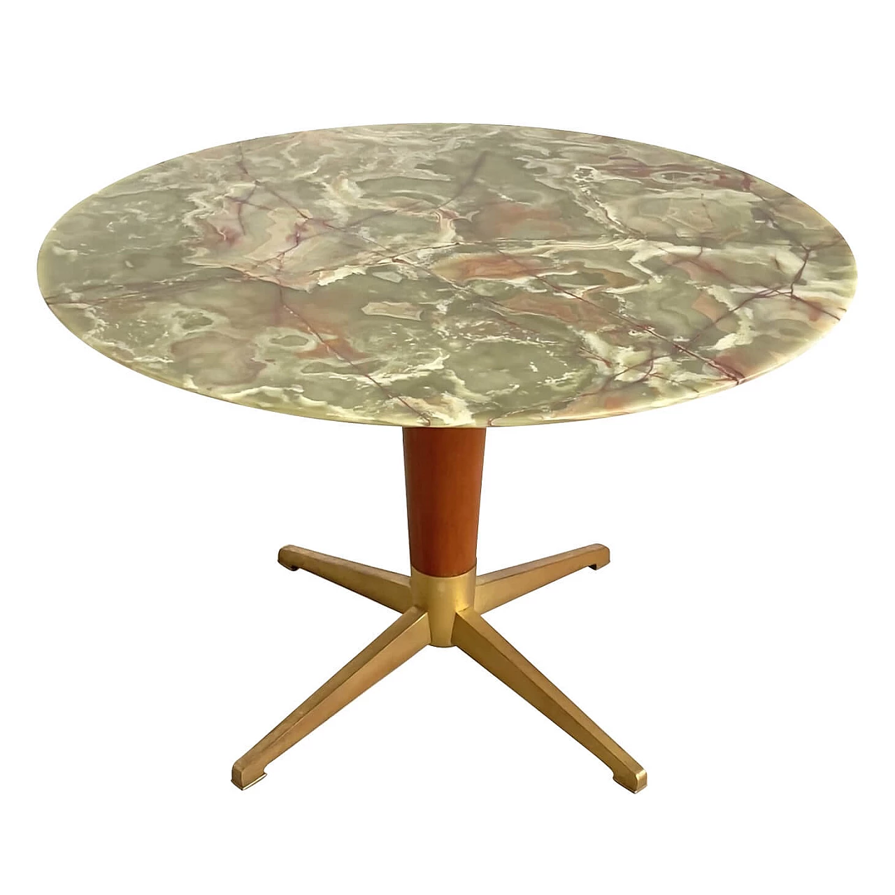 Round table in brass and wood with green onyx top, 50s 1234394
