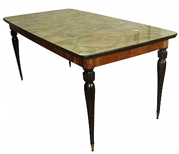 Rectangular table in walnut with marbled glass top, 60s