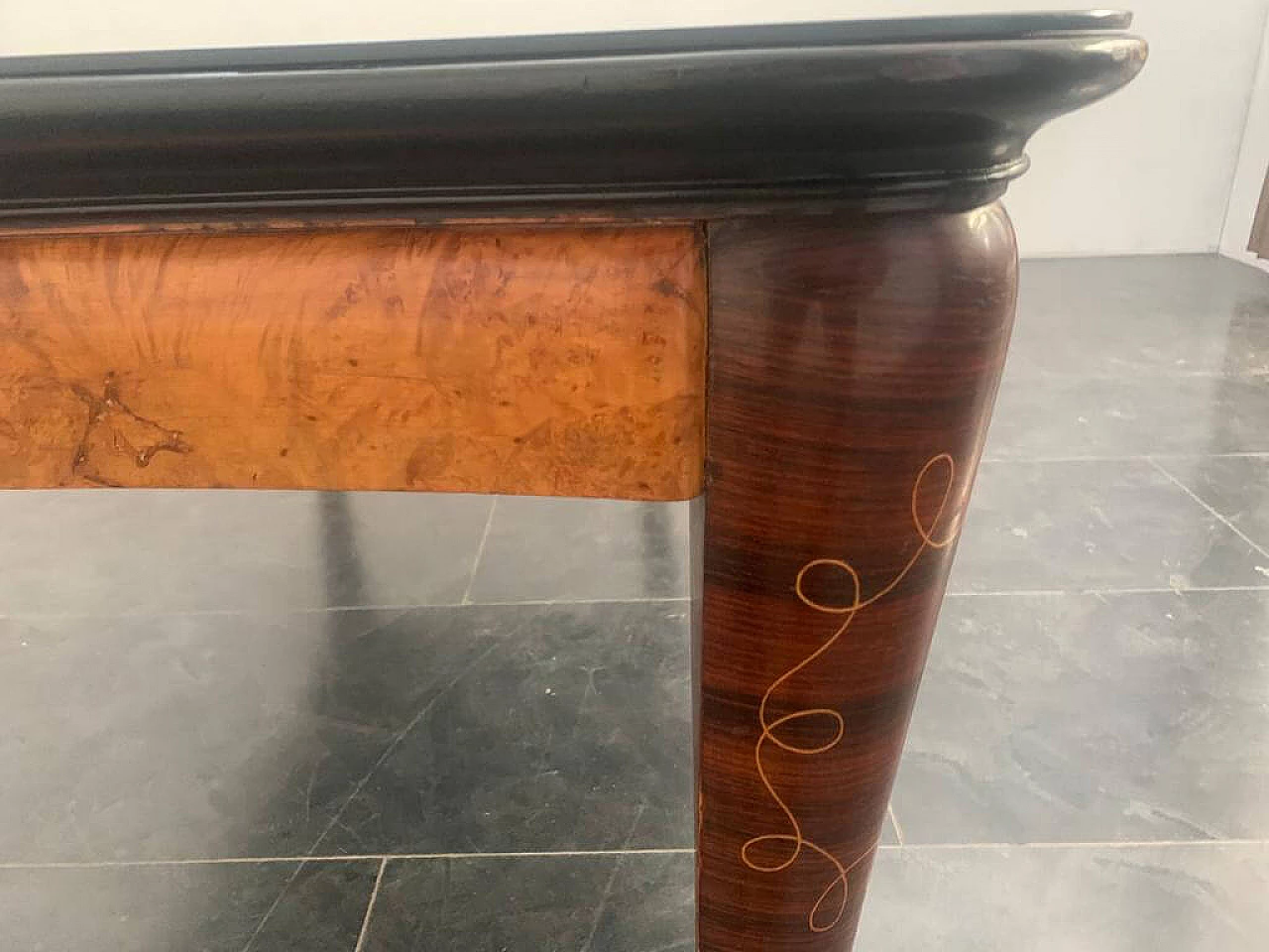 Table in inlaid rosewood, elm, bronze and glass top by Jannace & Kovacs, 40s 1234522