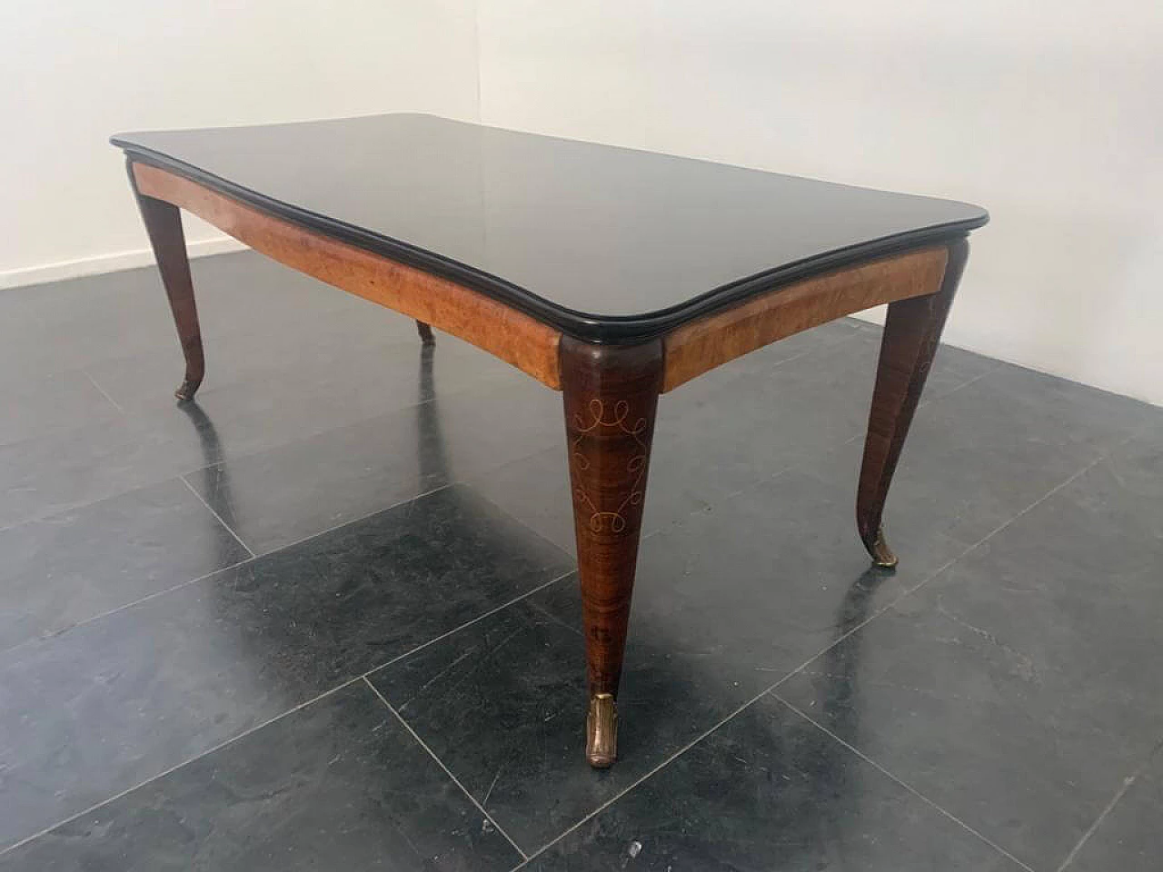 Table in inlaid rosewood, elm, bronze and glass top by Jannace & Kovacs, 40s 1234526