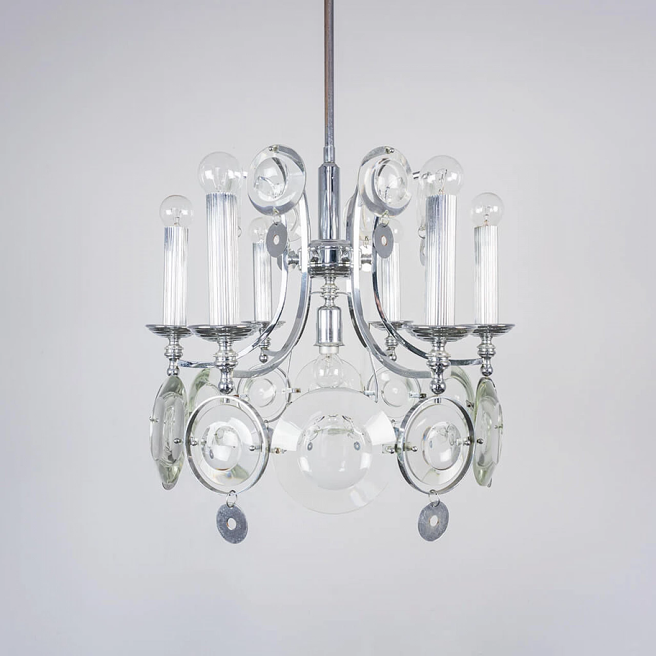 Chandelier with 7 lights in chromed steel and glass, 70s 1234553