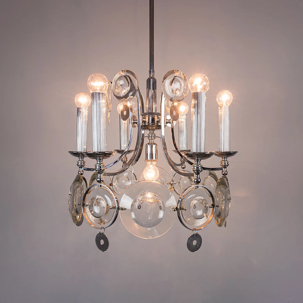 Chandelier with 7 lights in chromed steel and glass, 70s 1234554