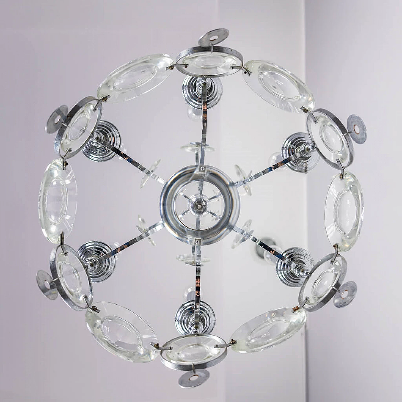 Chandelier with 7 lights in chromed steel and glass, 70s 1234559