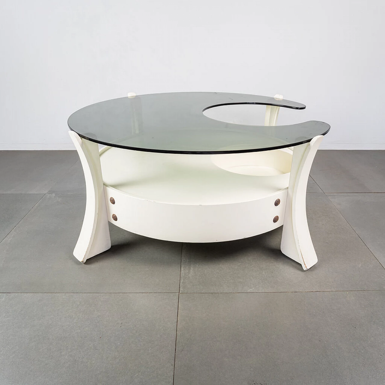 Coffee table in wood, metal and smoked glass top, 70s 1234591
