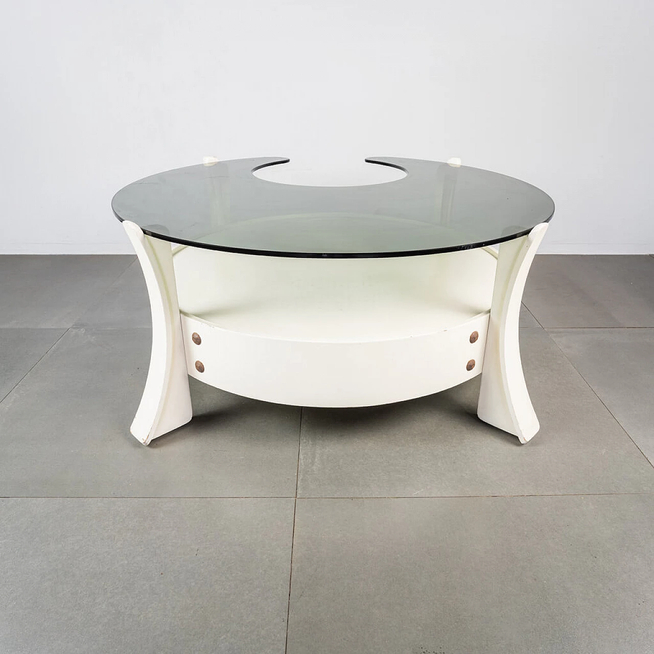 Coffee table in wood, metal and smoked glass top, 70s 1234592