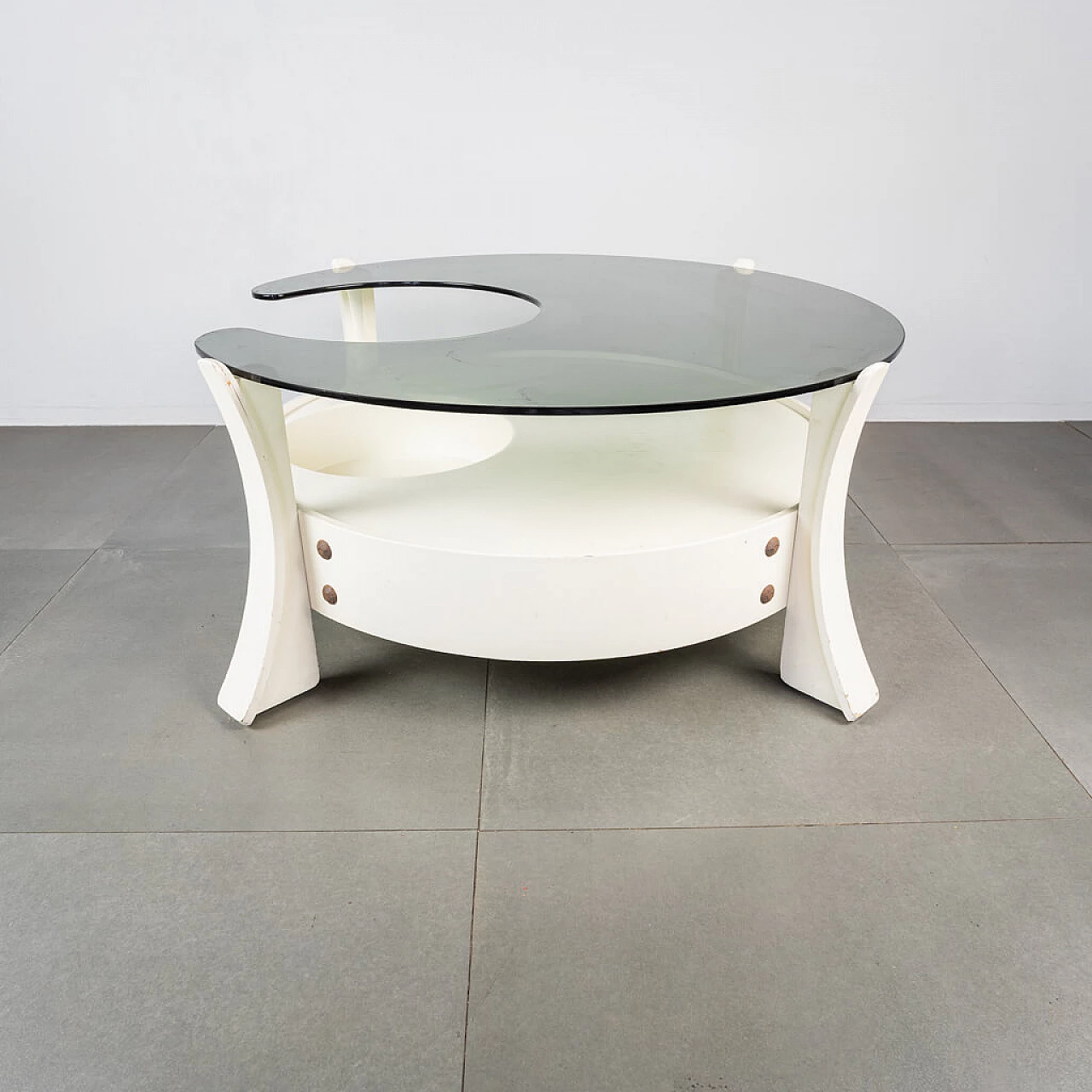Coffee table in wood, metal and smoked glass top, 70s 1234593