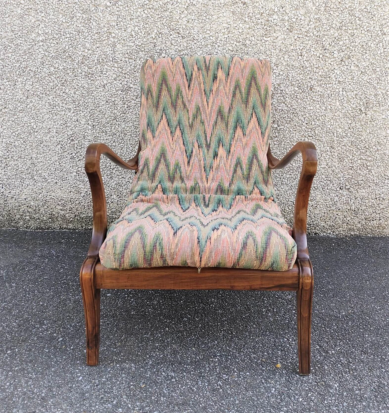 Poltrona in legno, maglia metallica e tessuto Missoni di Ezio Longhi per Elam, anni '50 1234894