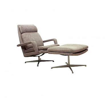 German lounge chair with ottoman in chromed metal and fabric by Hans Kaufeld, 60s