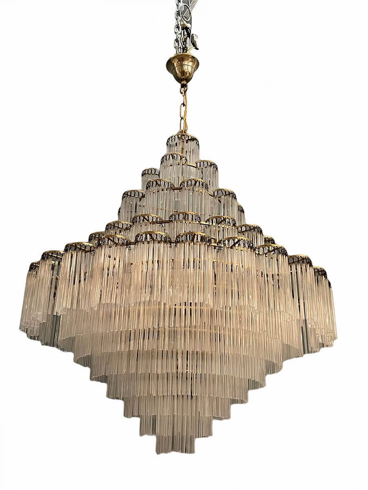 Lampadario in stile Liberty in ottone con 12 livelli di canne in vetro di Murano, anni '60 1235181