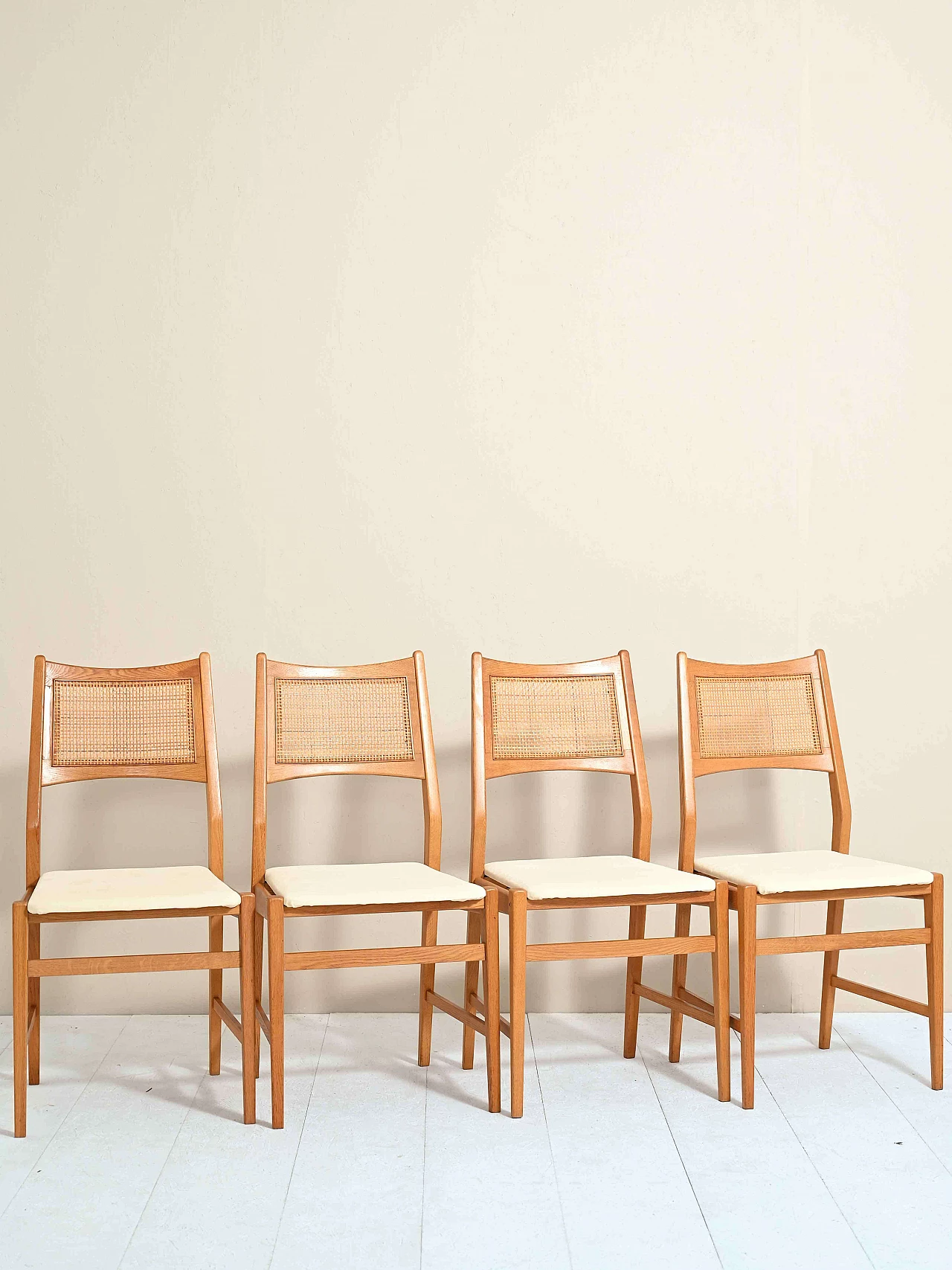 4 Danish chairs with rattan and velvet seat, 60s 1235467