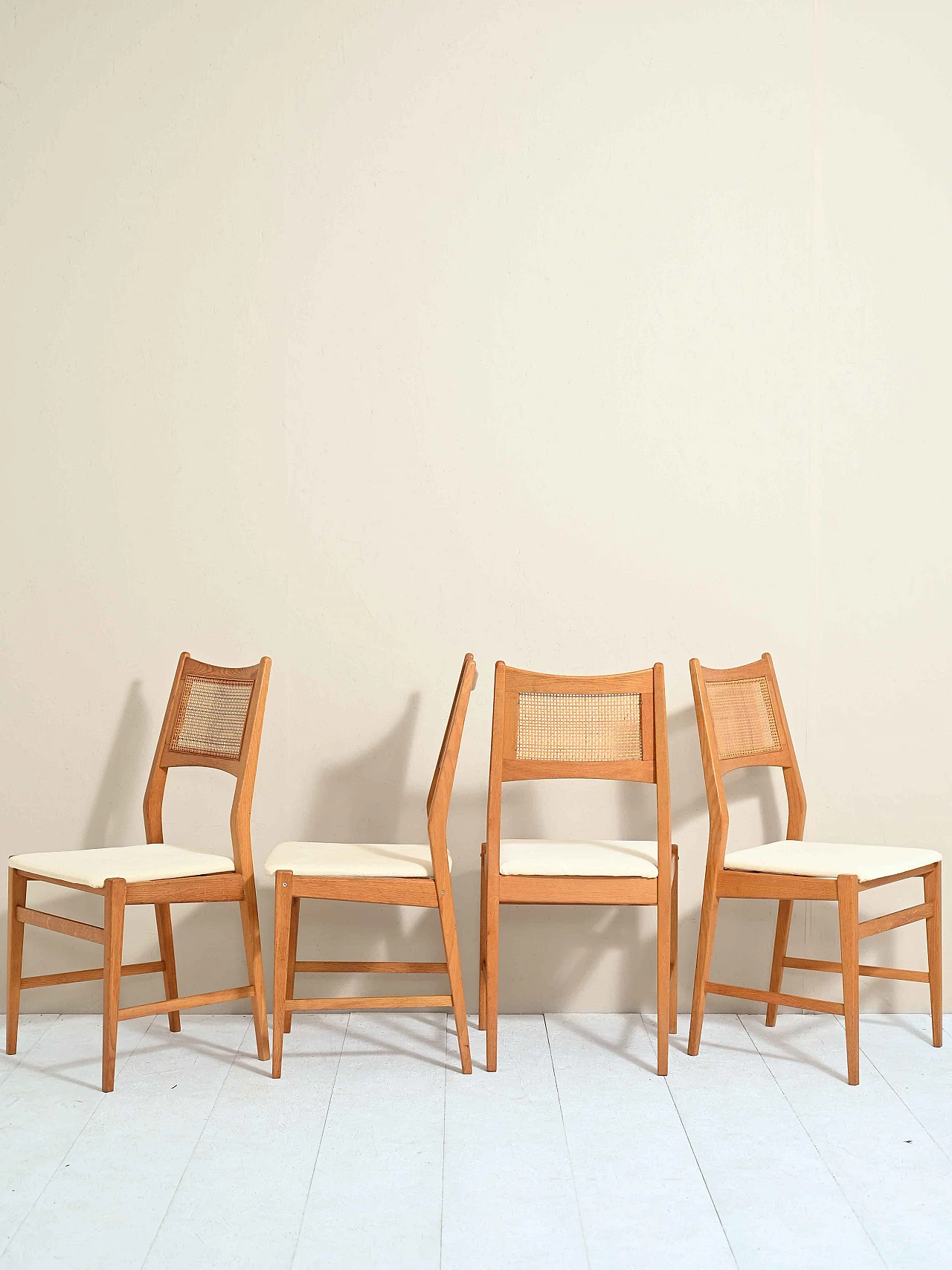 4 Danish chairs with rattan and velvet seat, 60s 1235468
