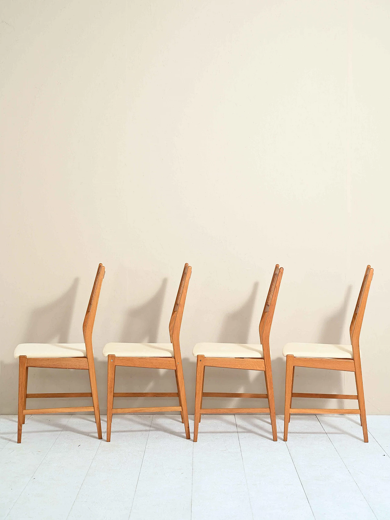 4 Danish chairs with rattan and velvet seat, 60s 1235469
