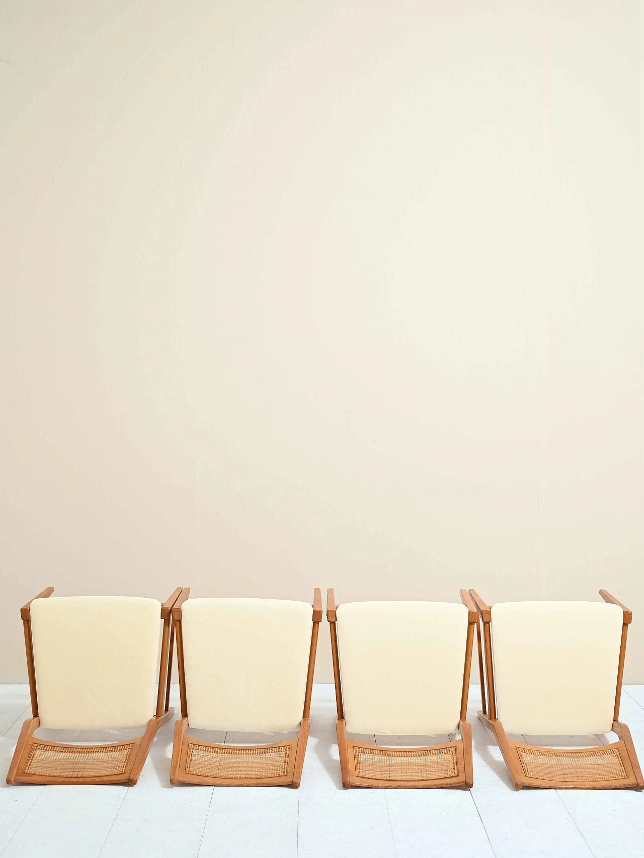 4 Danish chairs with rattan and velvet seat, 60s 1235471