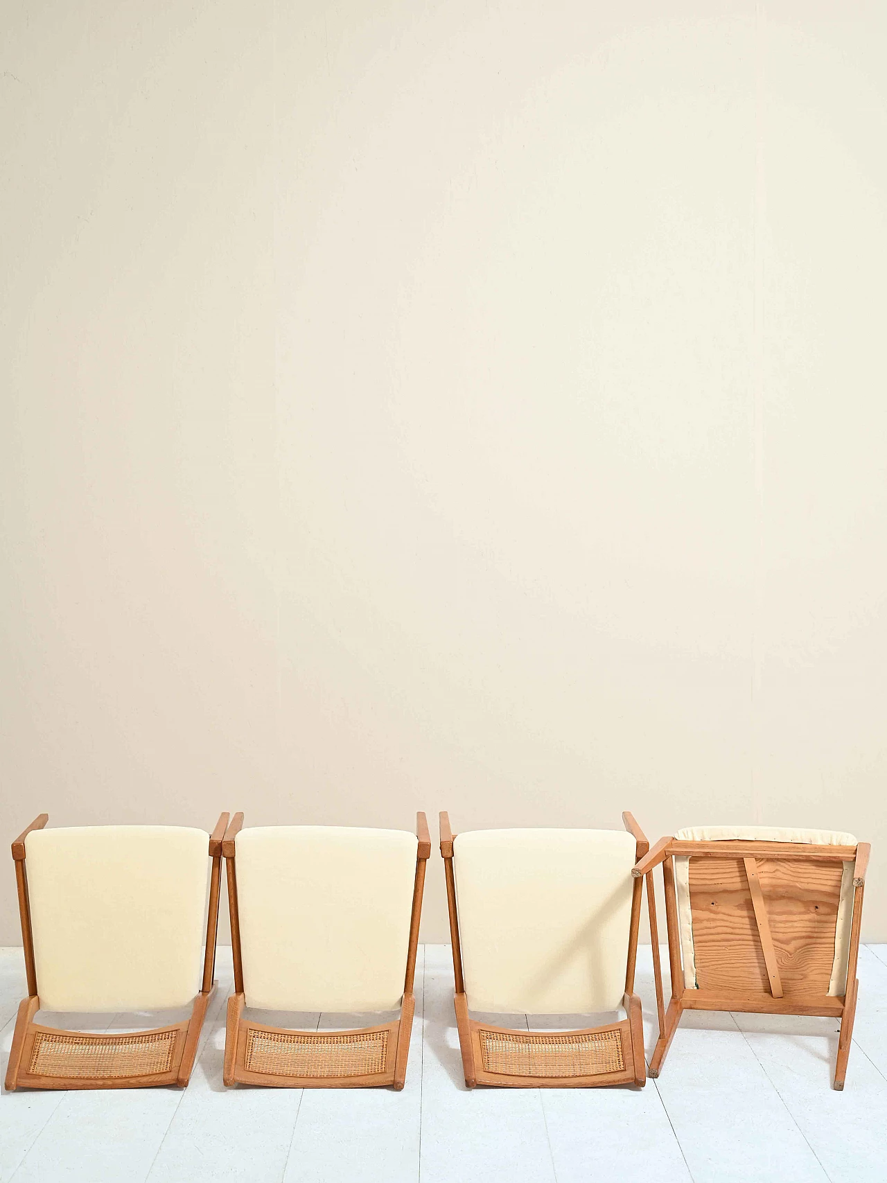 4 Danish chairs with rattan and velvet seat, 60s 1235472