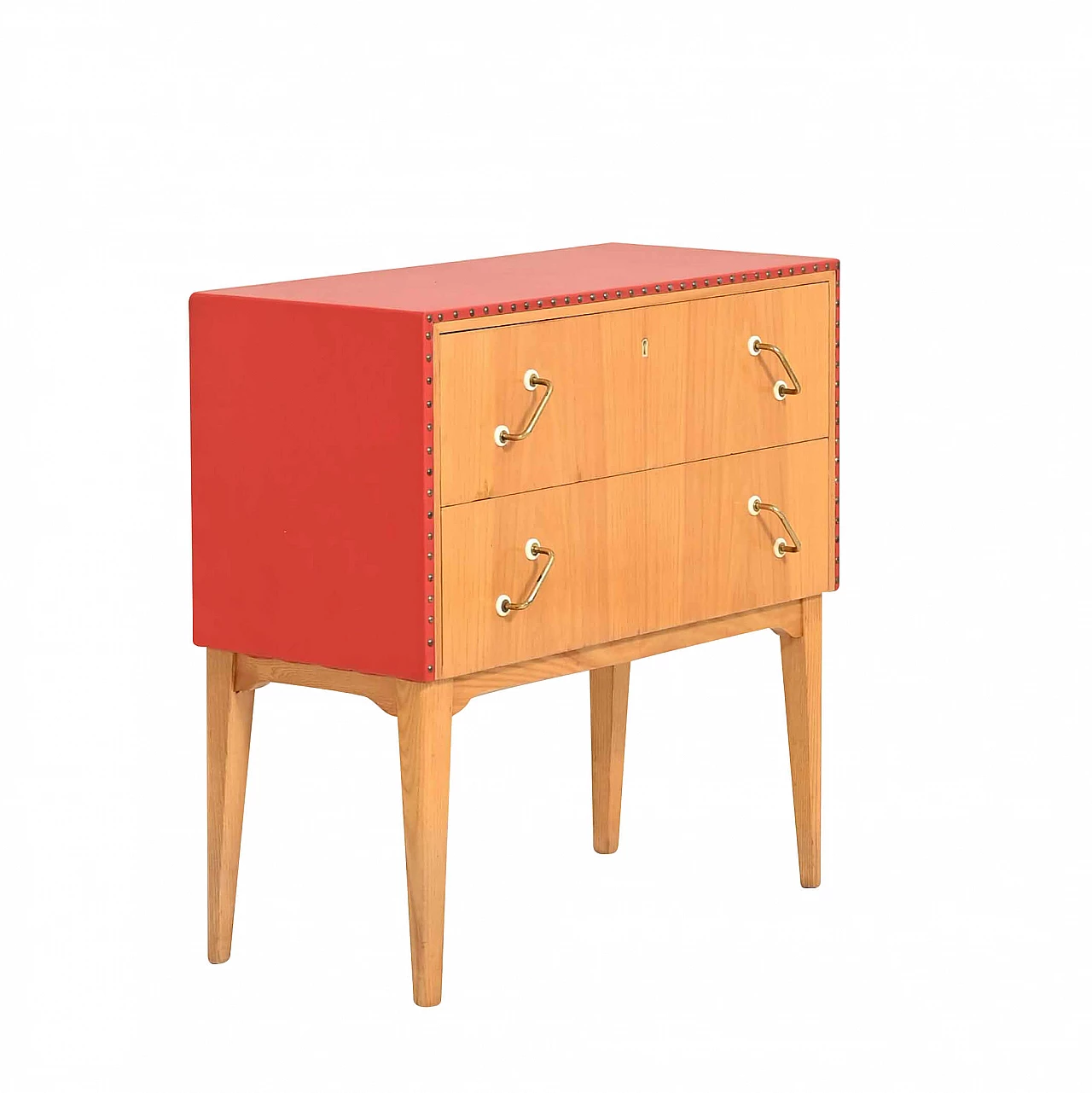 Entrance drawers in wood and red leather, 1960s 1235498