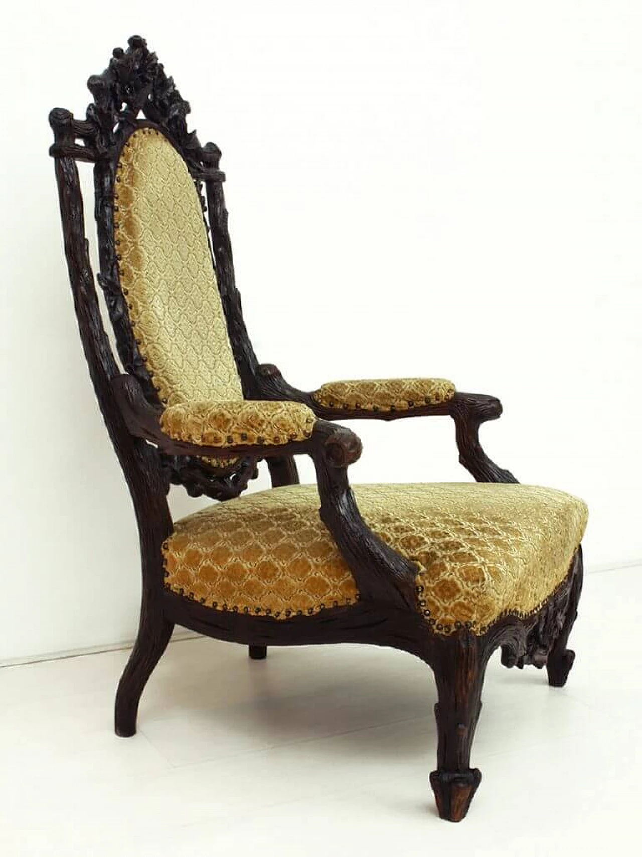 Dutch Black Forest style armchair in walnut and velvet by Gebroeders Horrix, 19th century 1236024