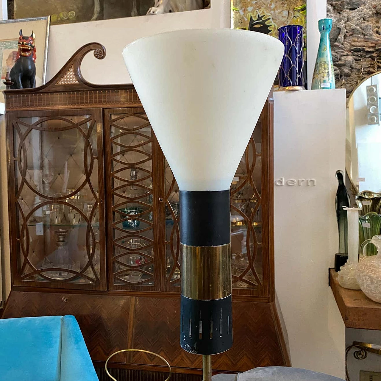 Lampada da terra in ottone, ferro, vetro e marmo di Stilnovo, anni '50 1236170