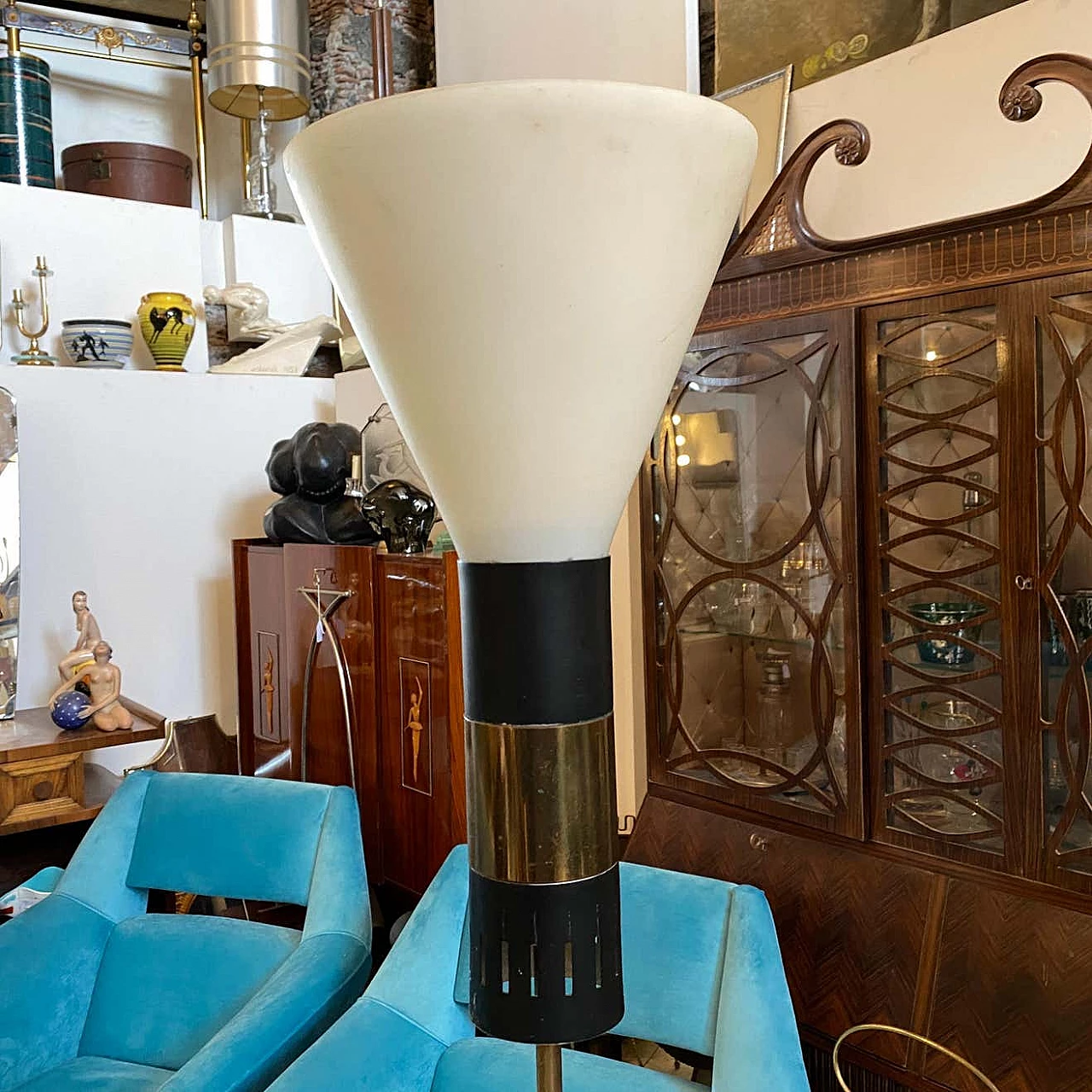 Lampada da terra in ottone, ferro, vetro e marmo di Stilnovo, anni '50 1236176