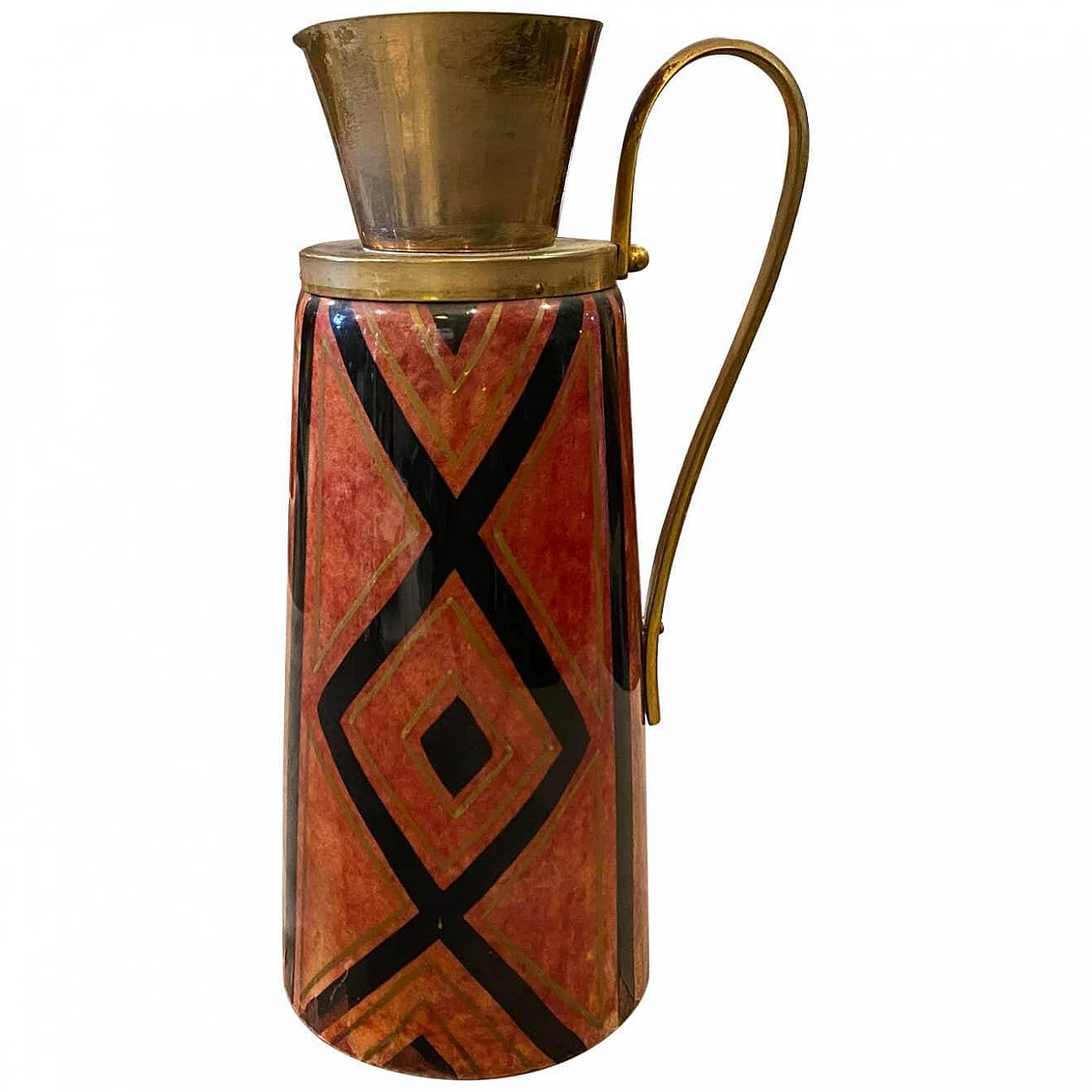 Thermos carafe in hand-painted goatskin and brass by Aldo Tura for Macabo, 50s 1236190
