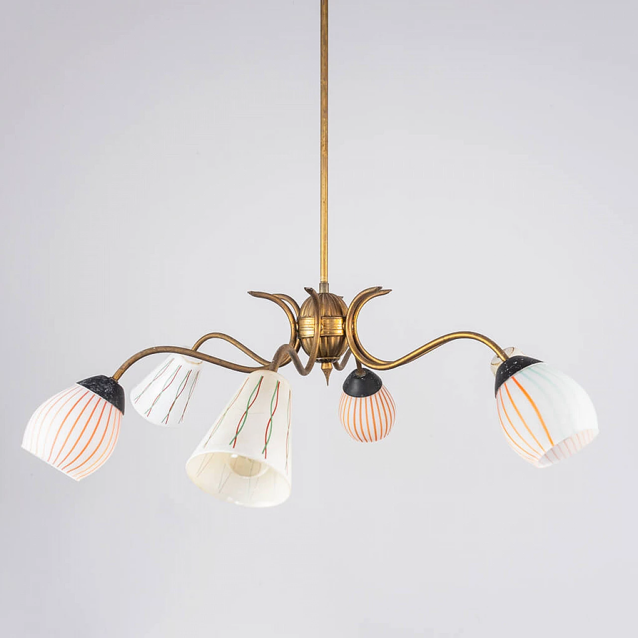 Chandelier with 6 lights in brass and opaline glass, 50s 1236389