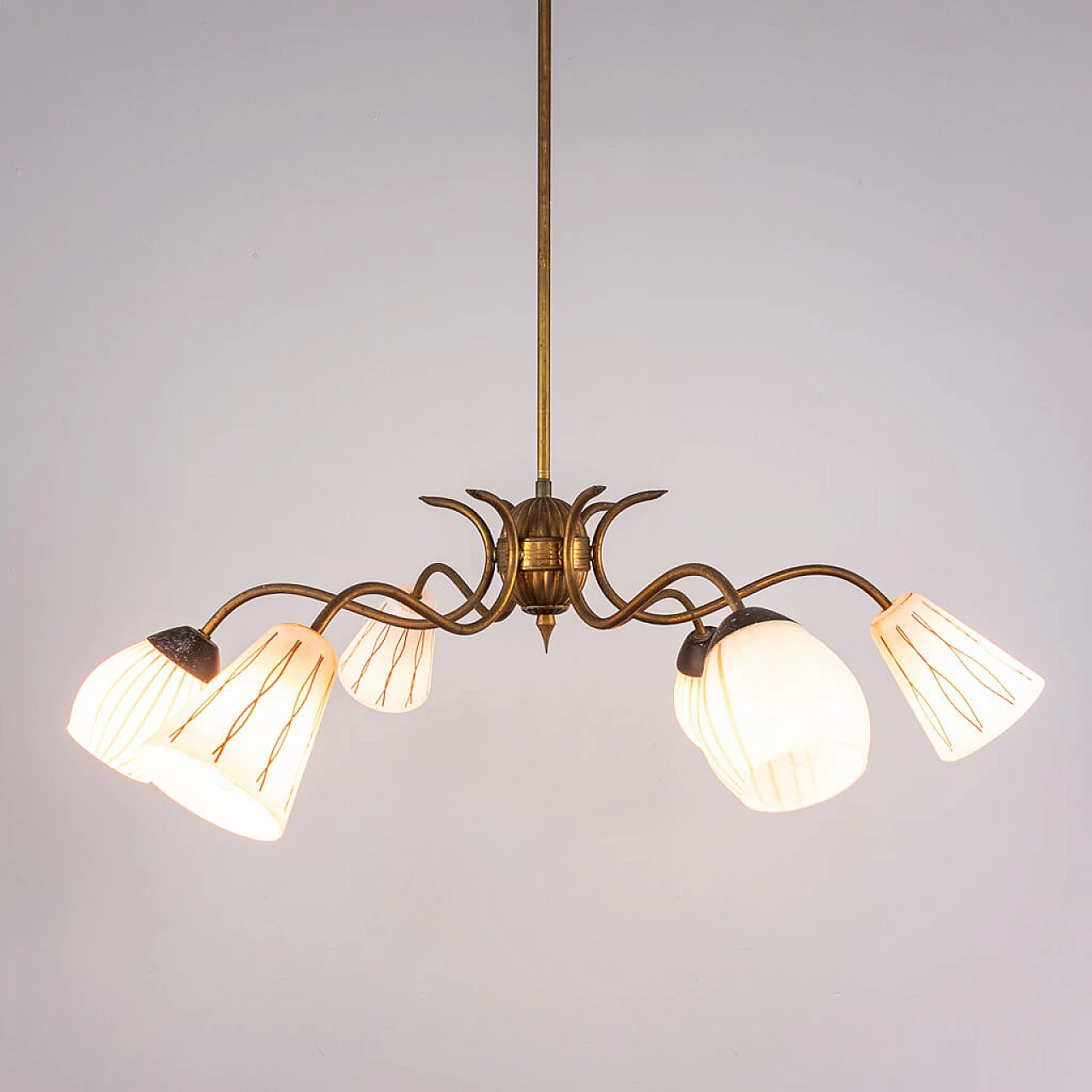 Chandelier with 6 lights in brass and opaline glass, 50s 1236390