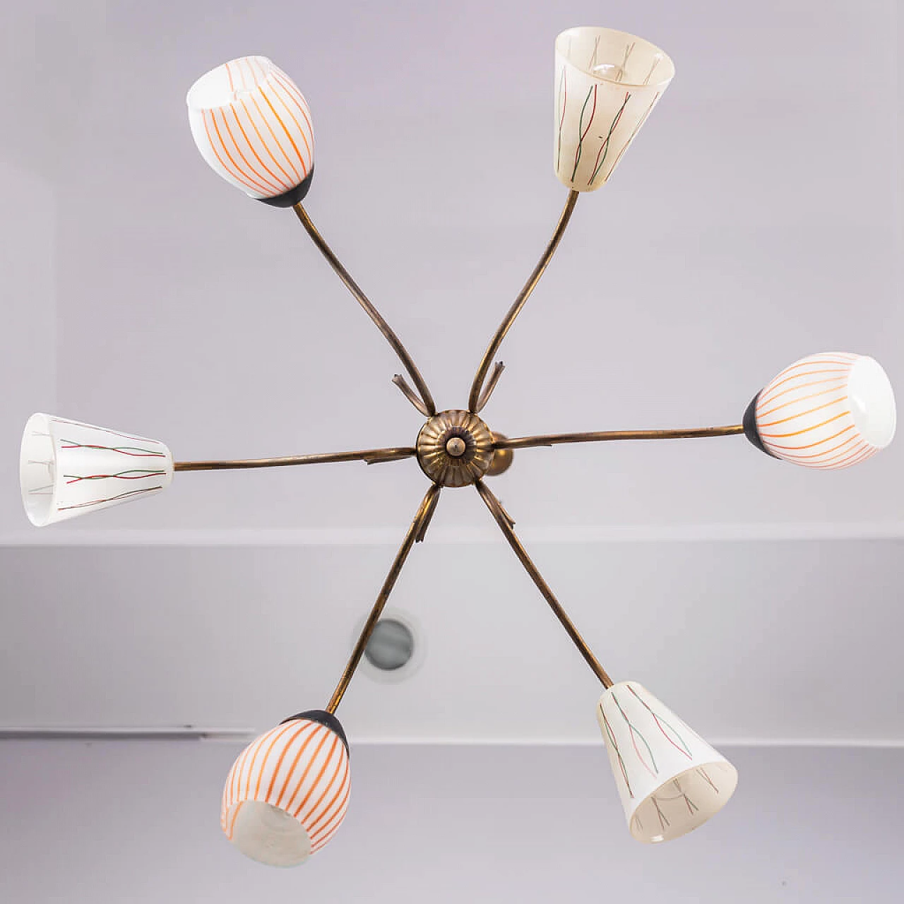 Chandelier with 6 lights in brass and opaline glass, 50s 1236395