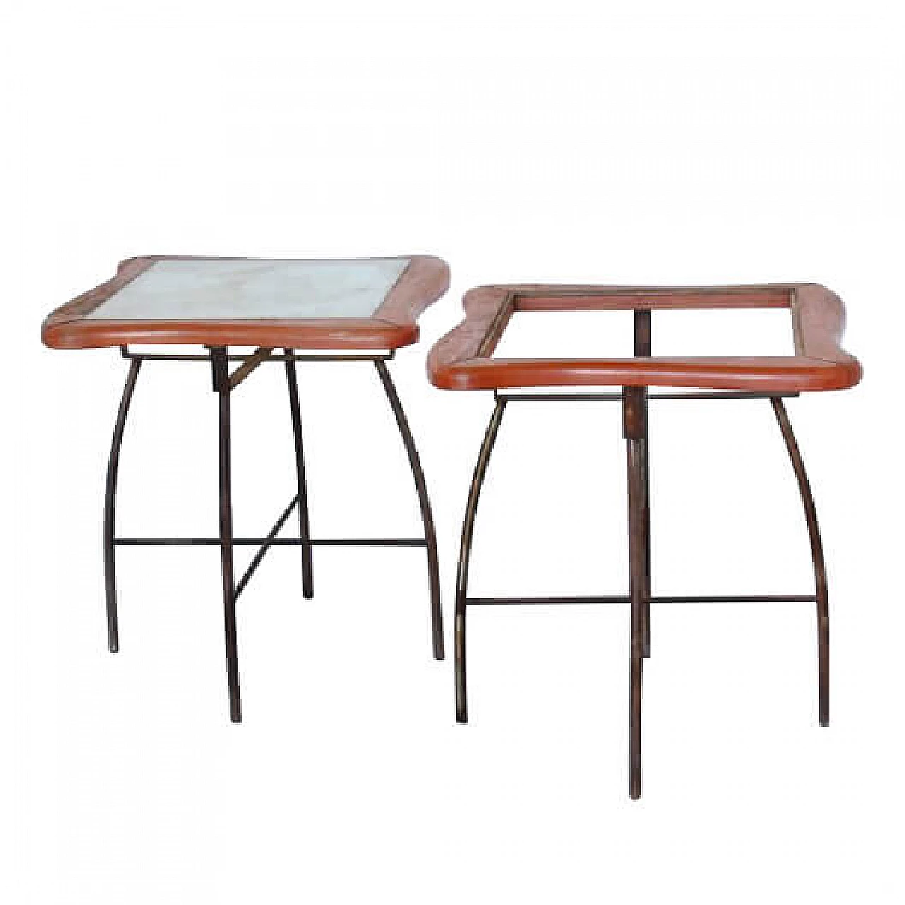 Pair of garden tables in wood and iron with frosted glass top, 60s 1236539