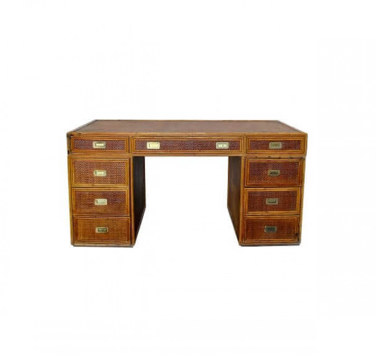 Desk with 9 drawers in cane, wicker and brass, 70s 1236663