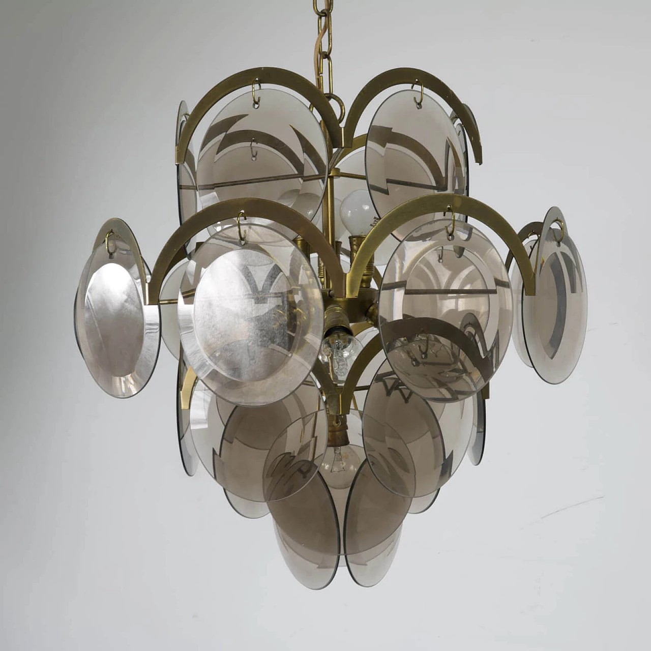 Chandelier with disks in smoked glass and brass, 1960s 1236919