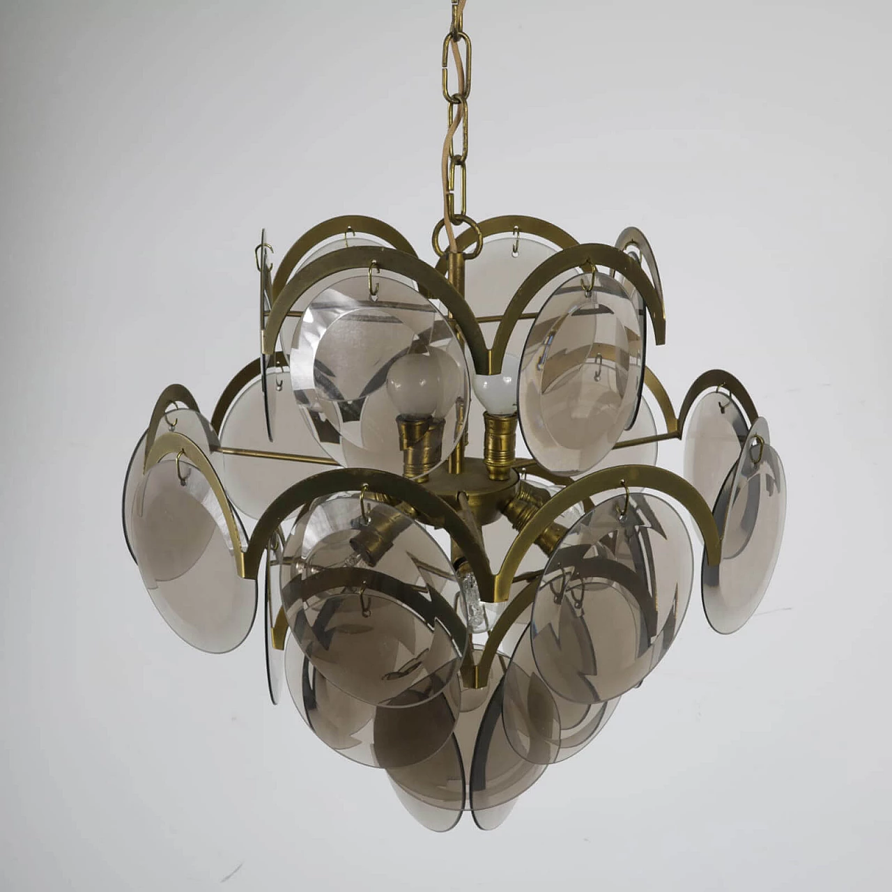 Chandelier with disks in smoked glass and brass, 1960s 1236920