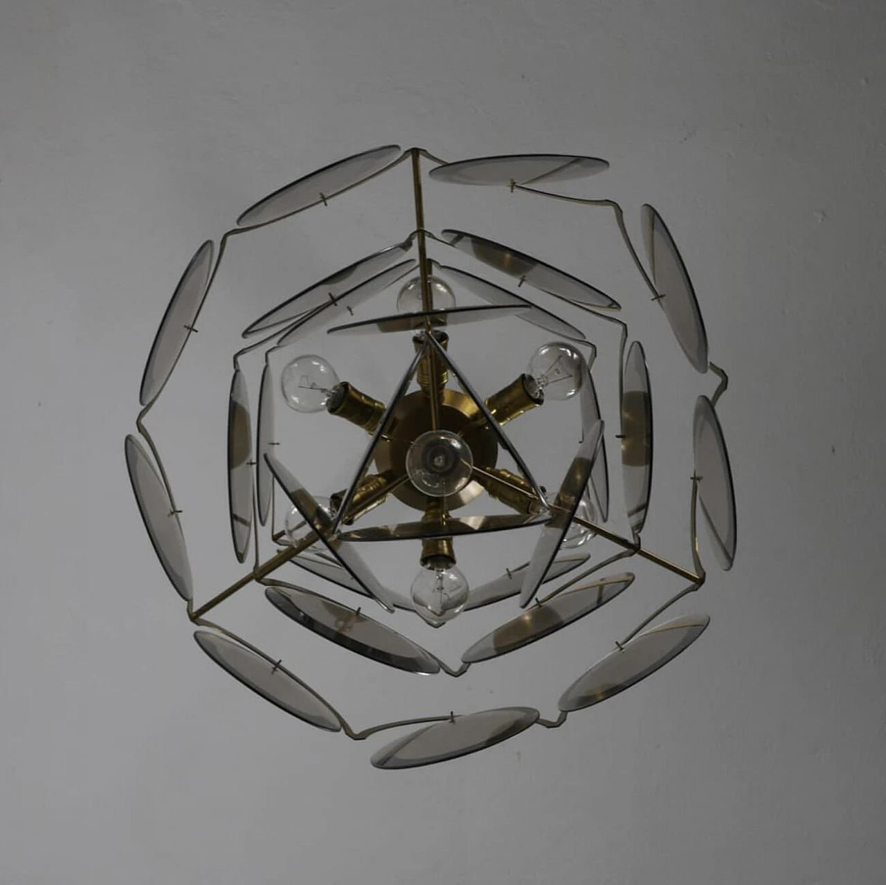 Chandelier with disks in smoked glass and brass, 1960s 1236923