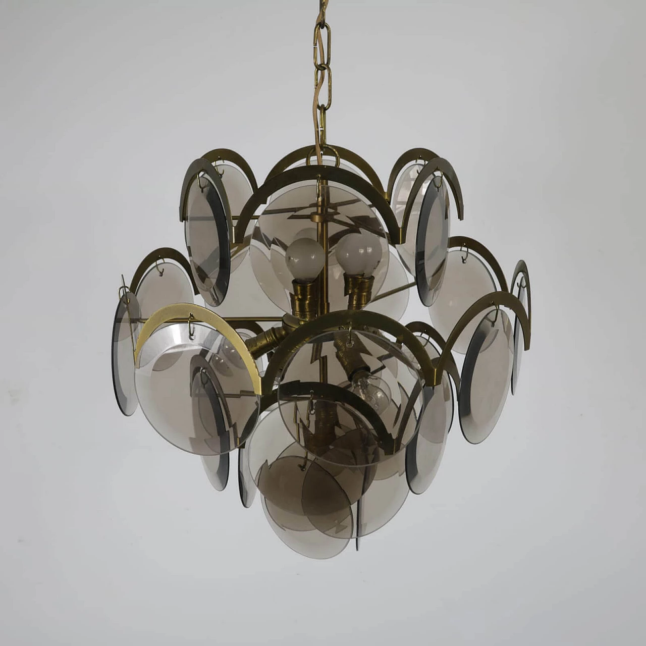 Chandelier with disks in smoked glass and brass, 1960s 1236925