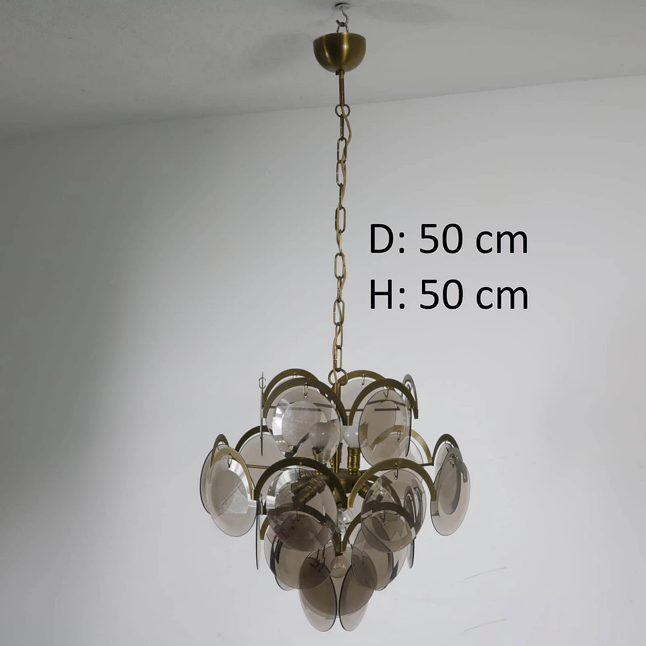 Lampadario con dischi in vetro fumè e ottone, anni '60 1236926