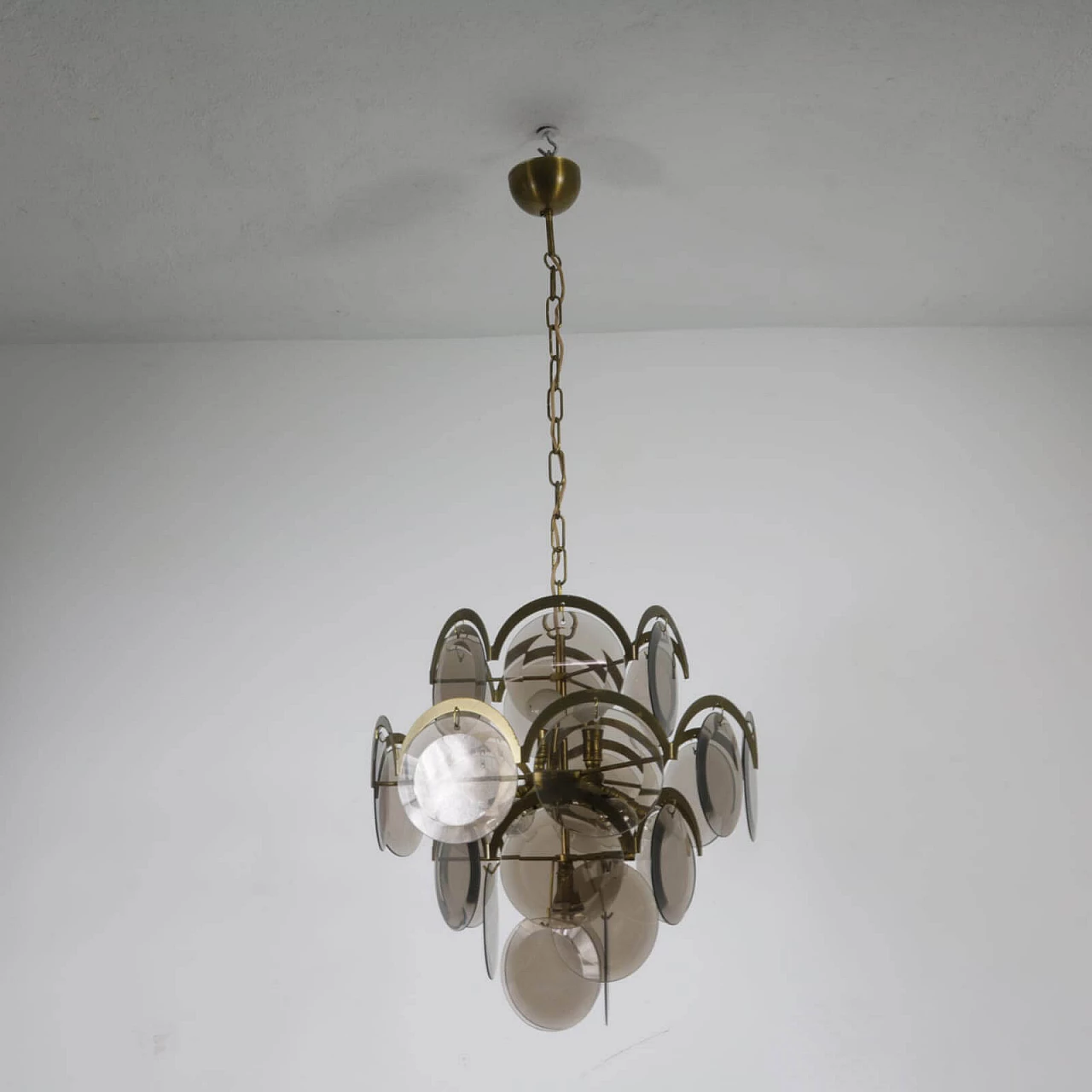 Chandelier with disks in smoked glass and brass, 1960s 1236929