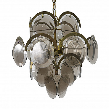 Chandelier with disks in smoked glass and brass, 1960s