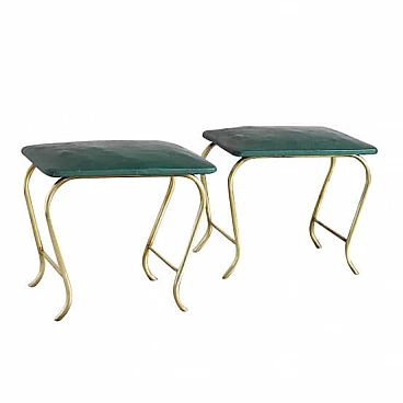 Pair of ottomans with tubular brass frame and green vinyl seats, 60s
