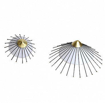 Pair of ceiling lamps in iron and brass by Angelo Lelli for Arredoluce, 50s