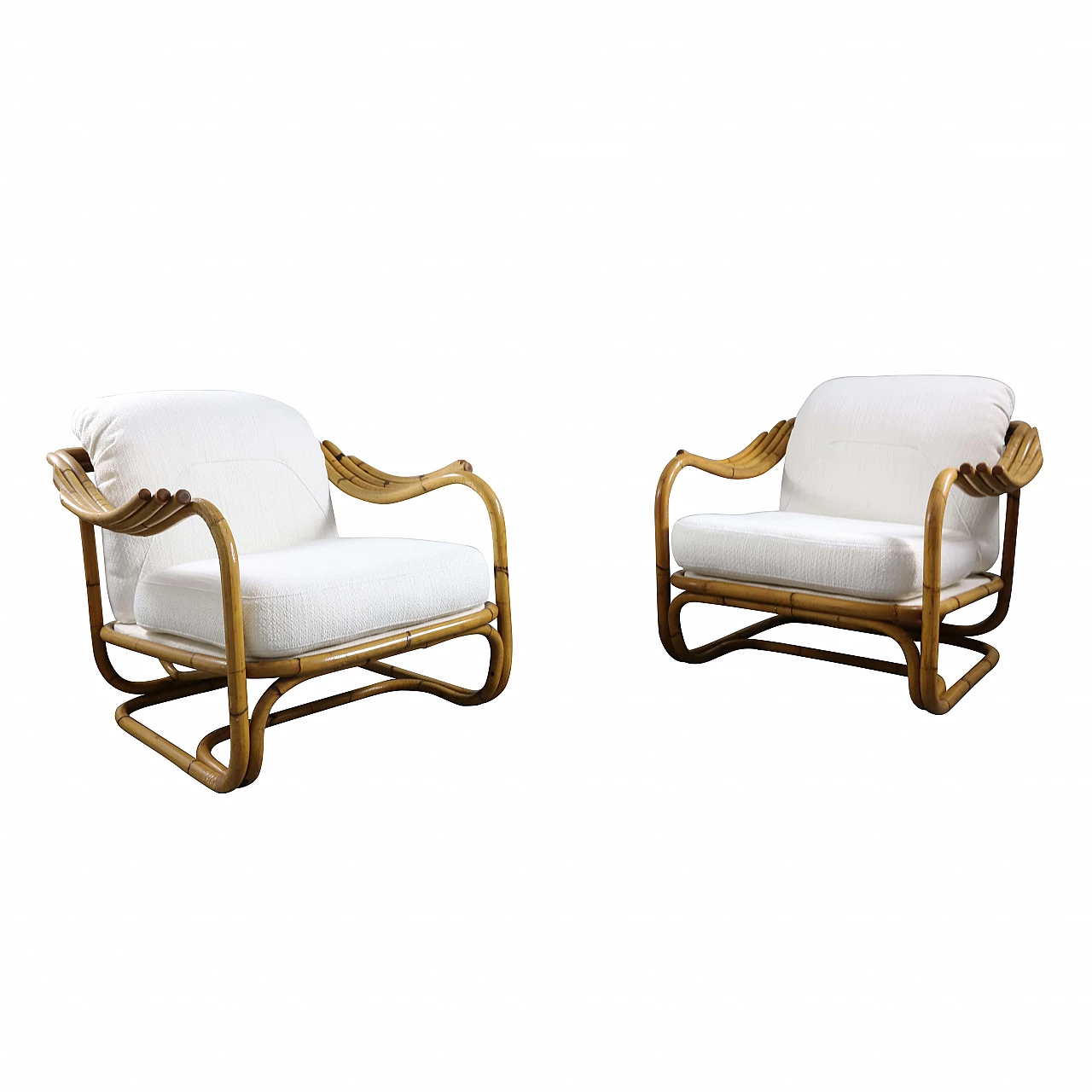 Pair of bamboo armchairs with bouclè cushions by Carlo de Carli for Bonacina, 70s 1237045
