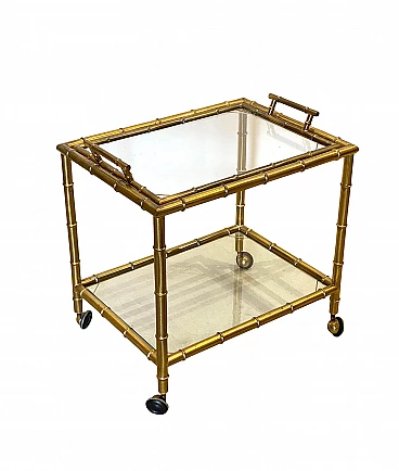 Fake bamboo brass bar trolley with removable tray, 1970s