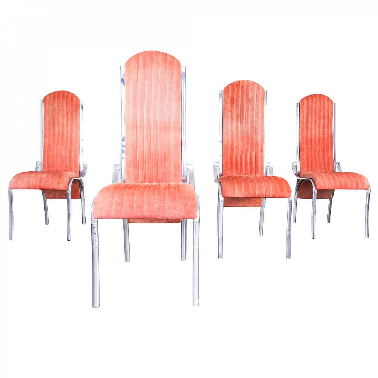 4 Chairs in metal with seat and back in red alcantara, 70s 1237265