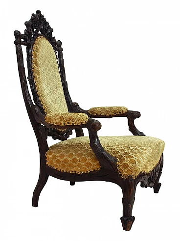 Dutch Black Forest style armchair in walnut and velvet by Gebroeders Horrix, 19th century