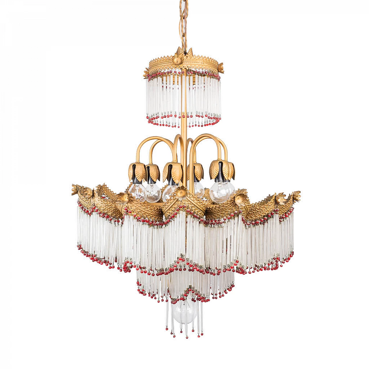Chandelier with 7 lights with gilded metal structure and plastic straws, 50s 1237310