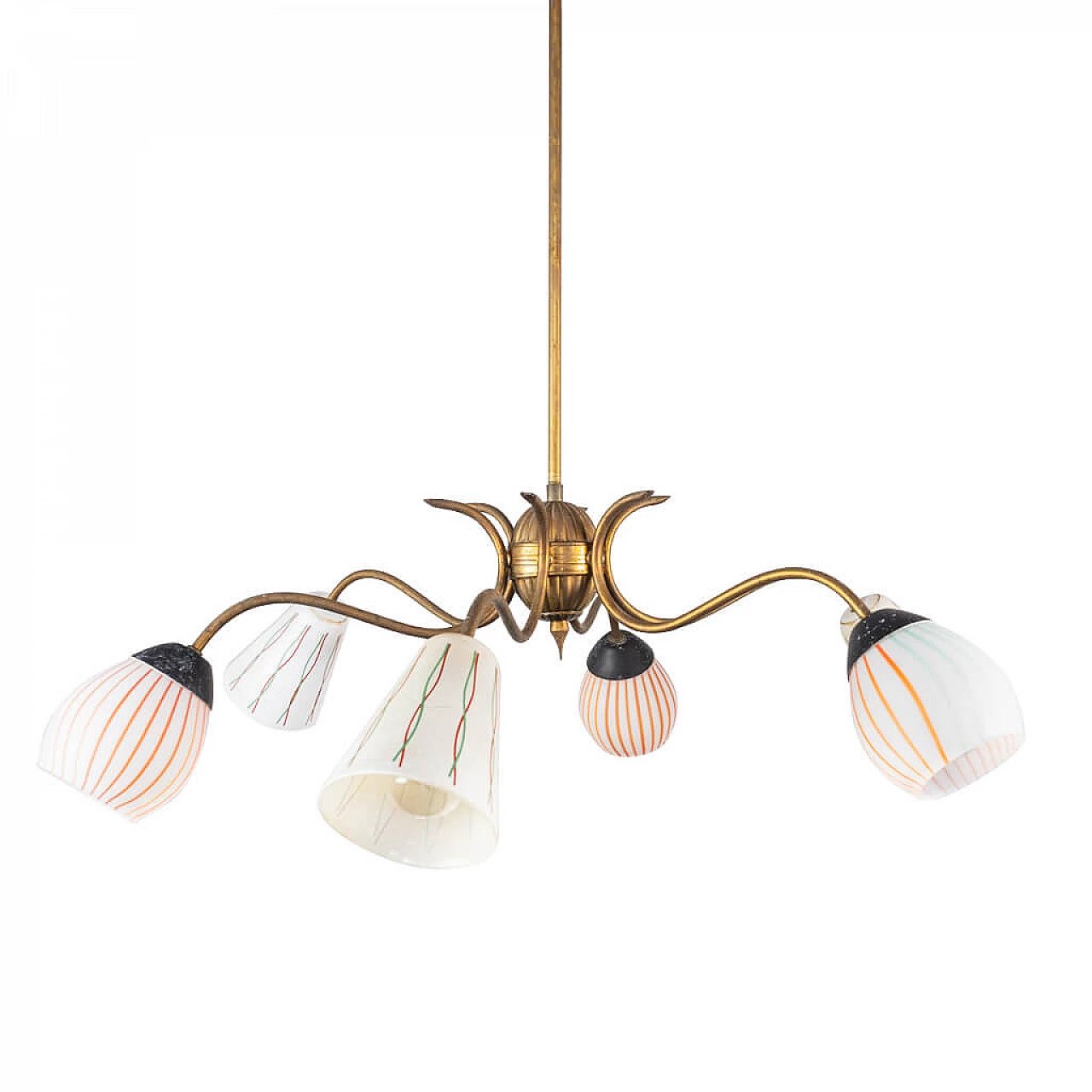 Chandelier with 6 lights in brass and opaline glass, 50s 1237315