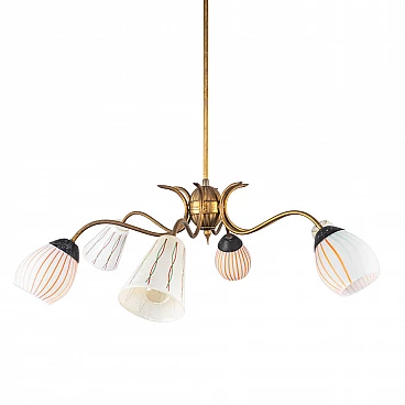 Chandelier with 6 lights in brass and opaline glass, 50s