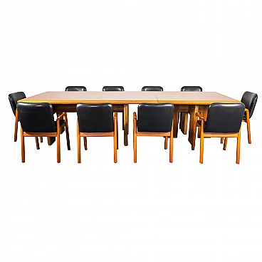 Meeting desk in wood with brass inserts and 10 Chairs in lacquered wood and leather, 70s