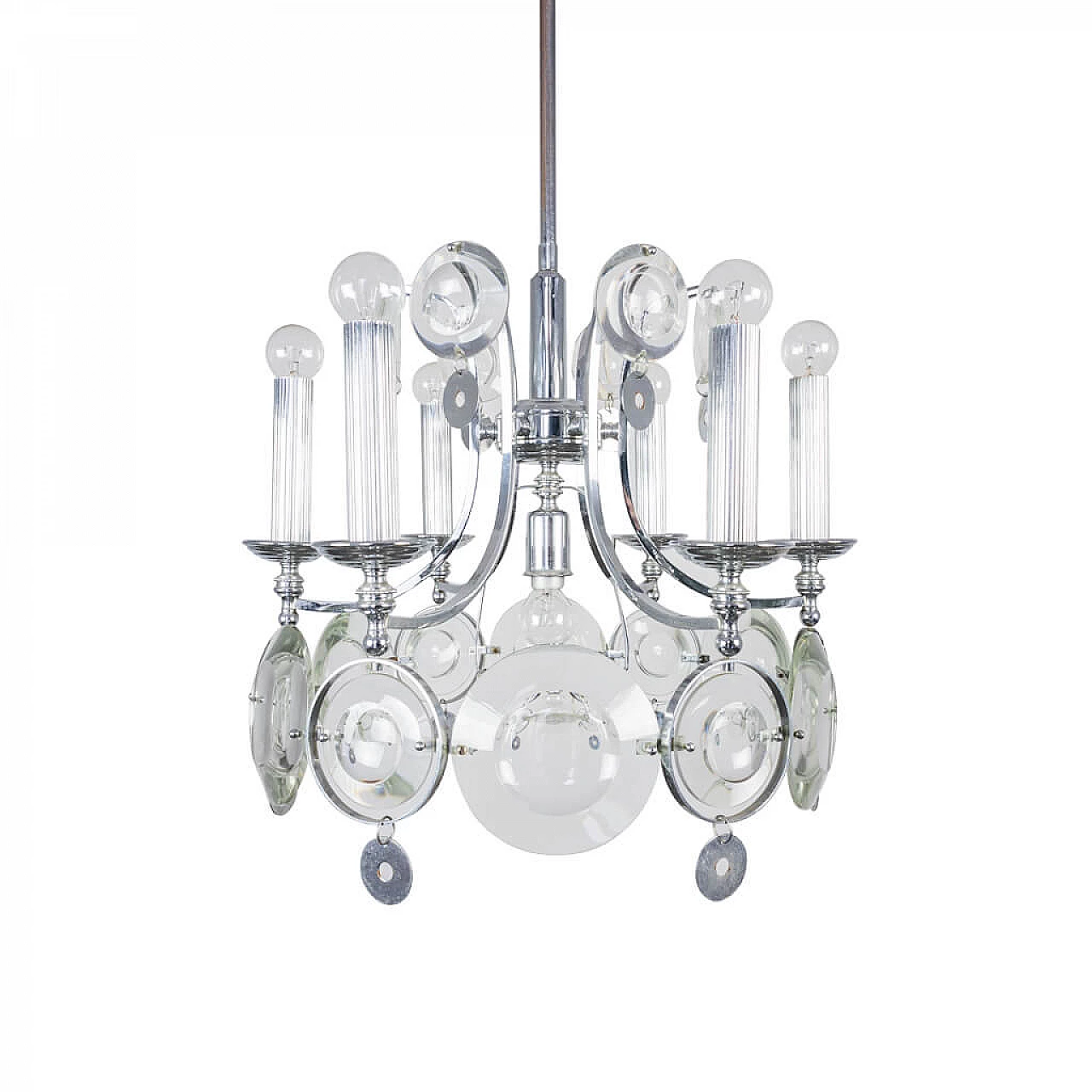 Chandelier with 7 lights in chromed steel and glass, 70s 1237359