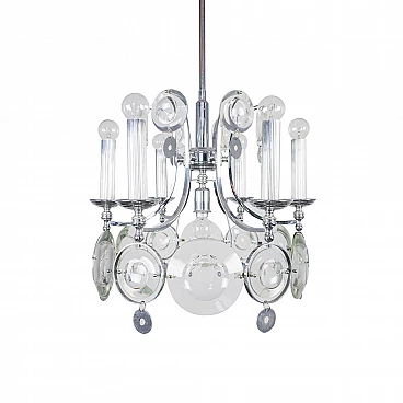Chandelier with 7 lights in chromed steel and glass, 70s