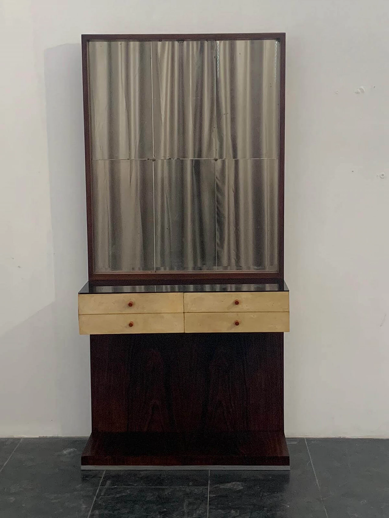 Entryway cabinet with drawers and mirror in rosewood and parchment with glass top by Guglielmo Ulrich, 50s 1237374
